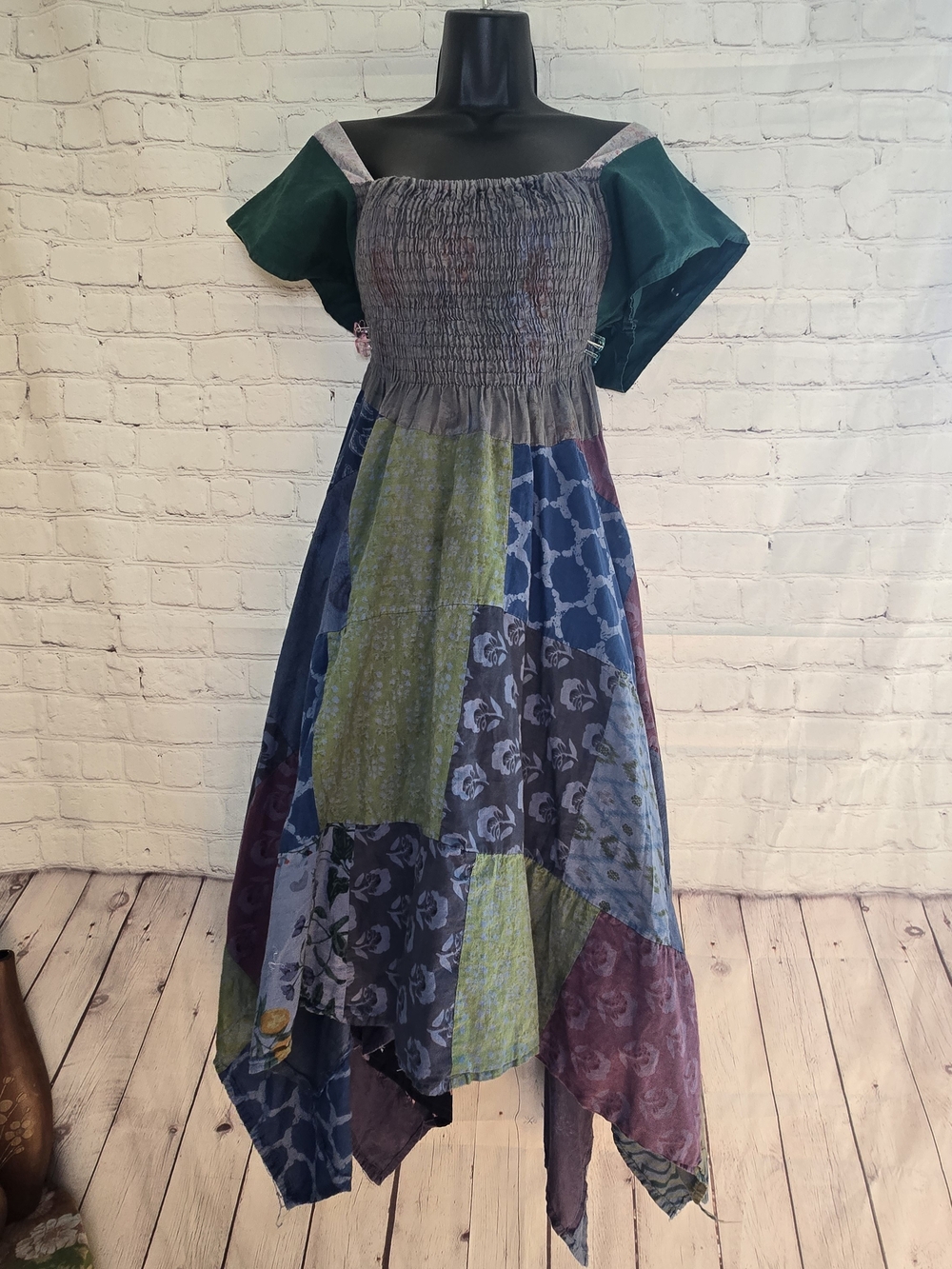 ETC. patchwork smocked bodice cotton handky hem milkmaid renaissance Dress